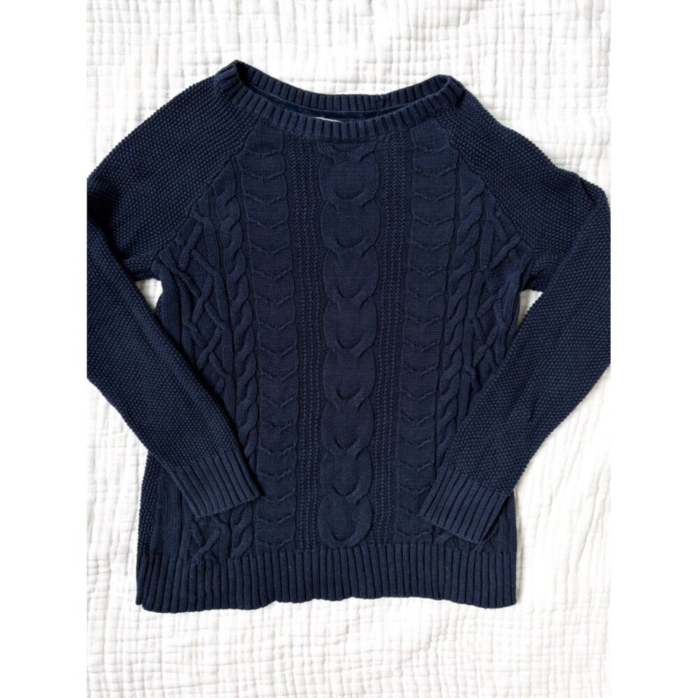 LL Bean Cable Knit Sweater Navy Cotton Fisherman Crew Neck Small